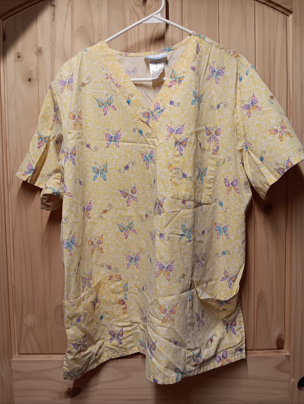 SB Scrubs Yellow Butterfly Print V-Neck Top